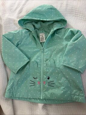 Carter’s Mint Green Polka Dot Cat Rain Jacket Windbreaker 18 Months Like New!